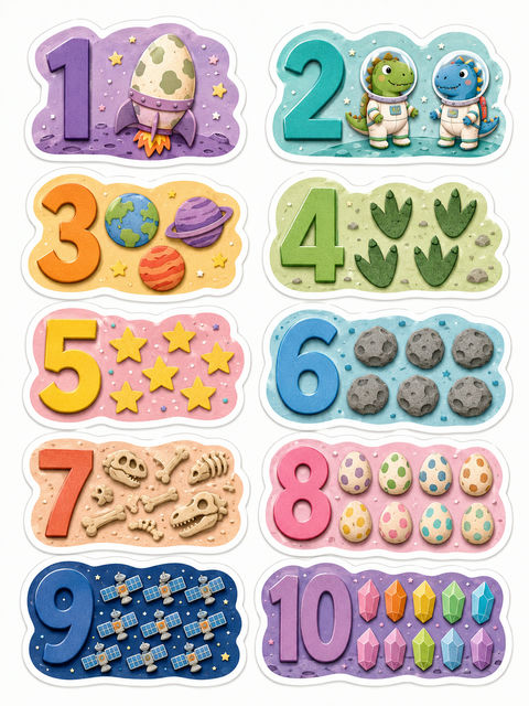 太空恐龙探险1-10数字启蒙贴纸 - AI图片提示词示例