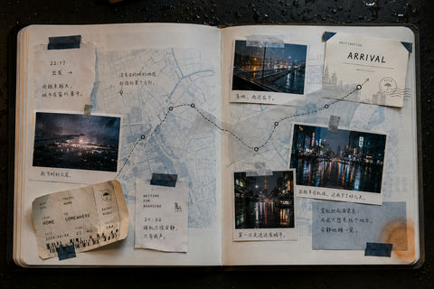 雨夜异城抵达：唯美跨页旅行手账设计 - AI图片提示词示例