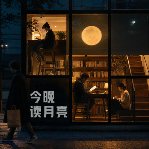 今晚读月亮：独立书店的治愈中秋夜 - AI图片提示词示例