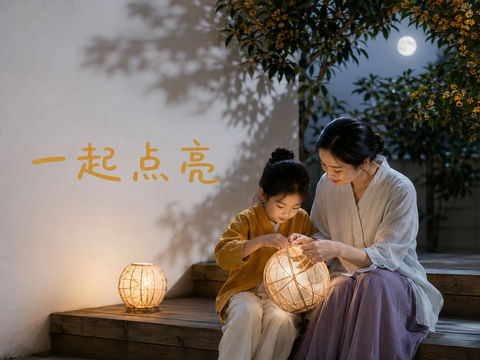 温暖中秋母女共制纸灯亲子写真海报 - AI图片提示词示例