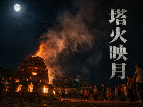 塔火映月：福建晋江中秋烧塔仔海报 - AI图片提示词示例