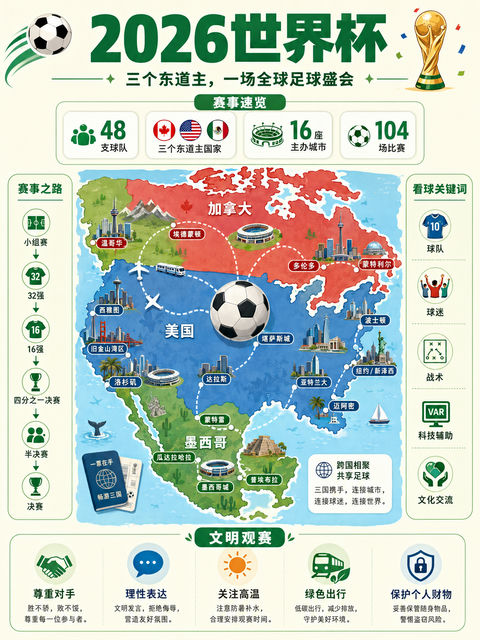 2026世界杯北美三国联合盛会全景信息图 - AI图片提示词示例