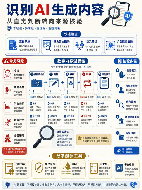 识别AI生成内容：全方位媒体素养科普信息图 - AI图片提示词示例