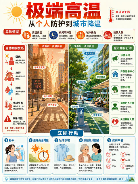 极端高温应对指南：从个人防护到城市降温 - AI图片提示词示例