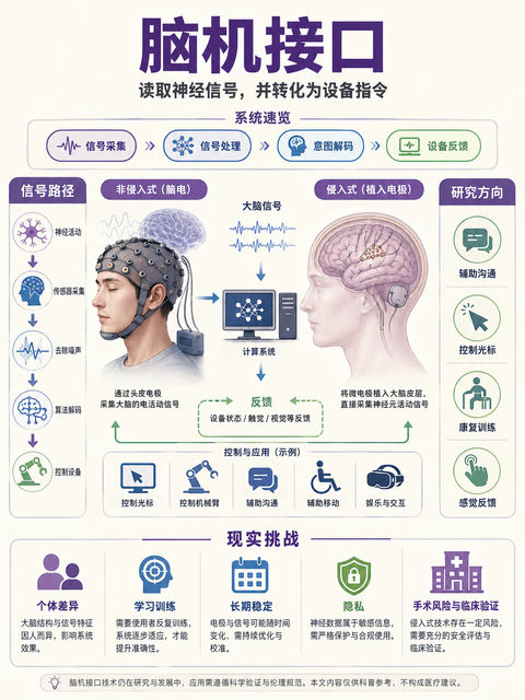 脑机接口原理解析生物医学科普海报 - AI图片提示词示例