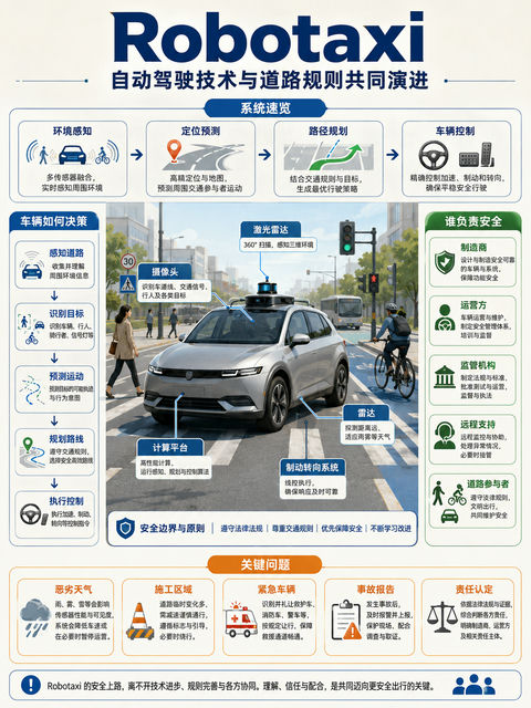 自动驾驶出租车Robotaxi安全运营科普长图 - AI图片提示词示例