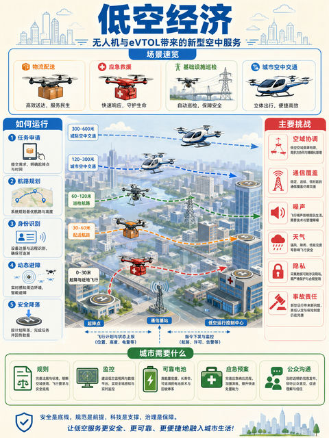 低空经济科普图：解锁未来城市空中交通 - AI图片提示词示例