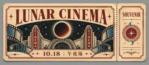 1950年代复古月蚀之夜纪念影票 - AI图片提示词示例