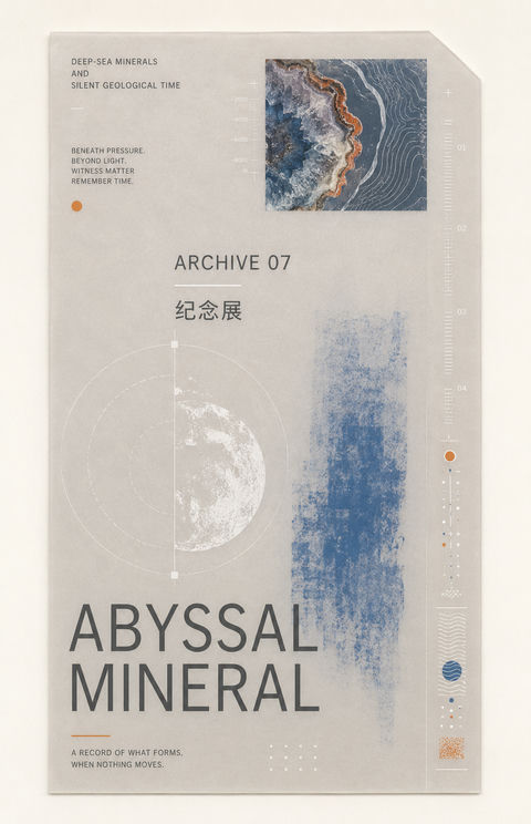 深海矿物与静默地质时间现代博物馆票券 - AI图片提示词示例