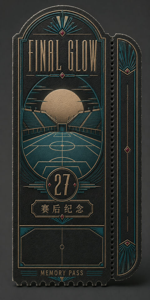 终场哨响：装饰艺术风夕阳球场纪念票 - AI图片提示词示例