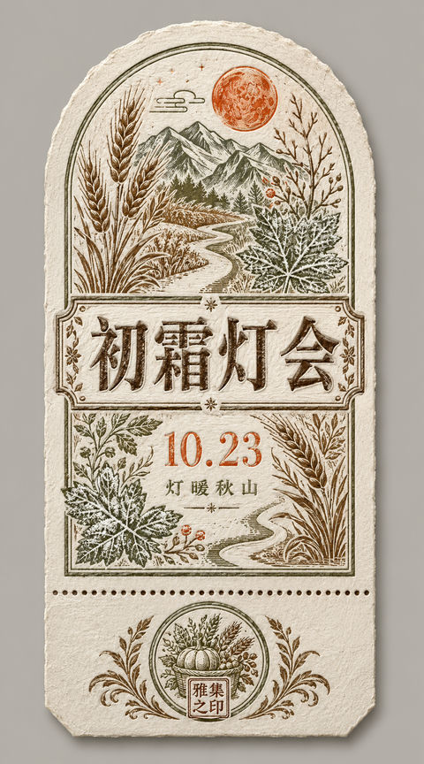 山野初霜与秋收灯火活版艺术票券 - AI图片提示词示例