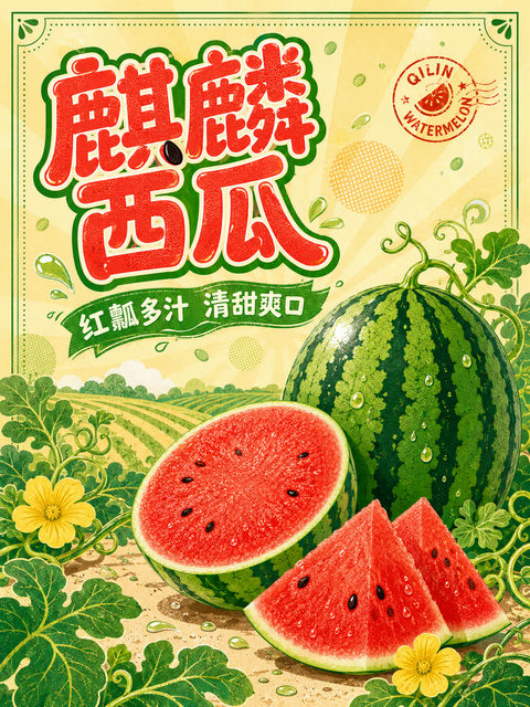 麒麟西瓜清新夏日Q版手绘商业插画海报 - AI图片提示词示例