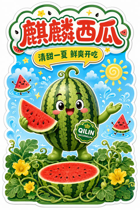 萌系麒麟西瓜立牌：清爽夏日视觉盛宴 - AI图片提示词示例