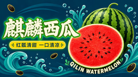 麒麟西瓜沁爽夏日扁平灯箱海报设计 - AI图片提示词示例