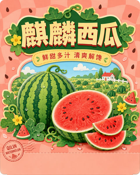 Q版剪纸风麒麟西瓜创意台卡设计 - AI图片提示词示例