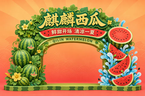夏日清凉麒麟西瓜主题美陈活动入口设计 - AI图片提示词示例