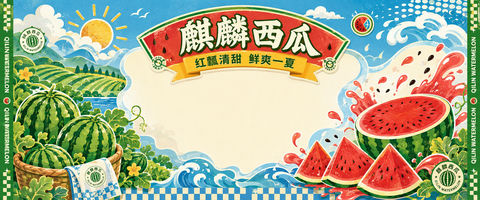 夏日麒麟西瓜乐园超宽拍照背景墙 - AI图片提示词示例