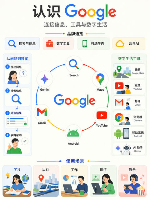 谷歌品牌生态全景信息图解百科 - AI图片提示词示例
