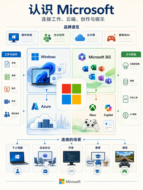 微软品牌生态全景视觉信息图 - AI图片提示词示例
