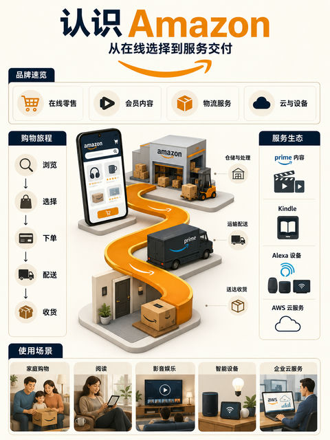 亚马逊全生态品牌服务信息图解：从购物到云端 - AI图片提示词示例