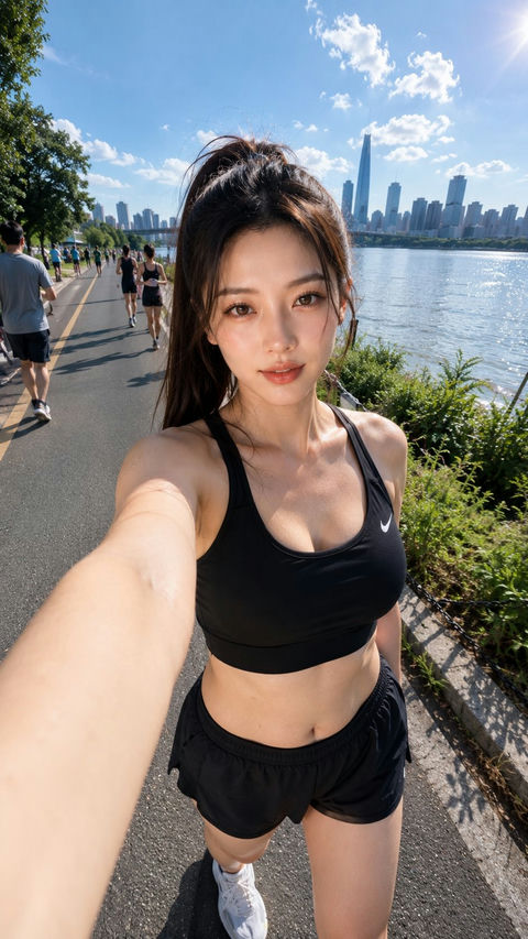 晨跑后的东亚女性超现实自拍 - AI图片提示词示例