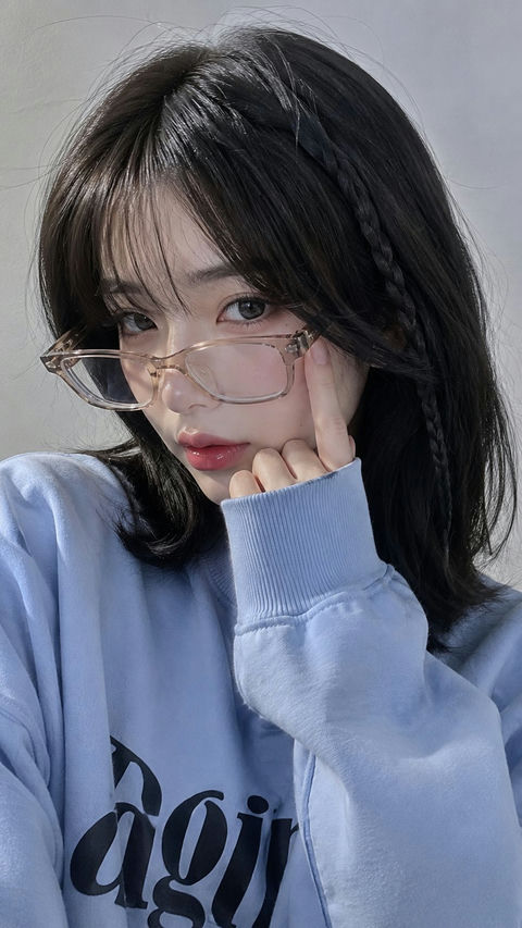 韩系极简风格眼镜少女手机自拍人像 - AI图片提示词示例