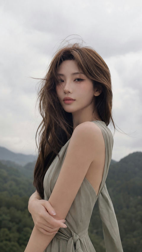 鼠尾草绿裙山间东亚女性人像 - AI图片提示词示例