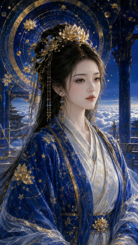 群青蓝金东方莲华圣女岩彩插画 - AI图片提示词示例