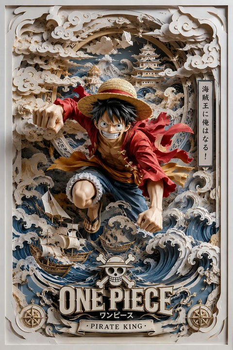 传奇海贼冒险3D纸艺立体阴影框海报 - AI图片提示词示例