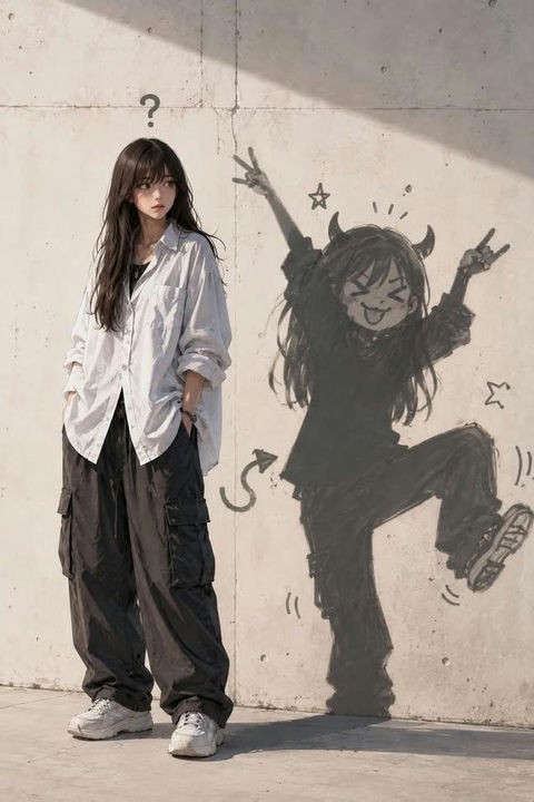 调皮涂鸦影子模仿时尚少女 - AI图片提示词示例