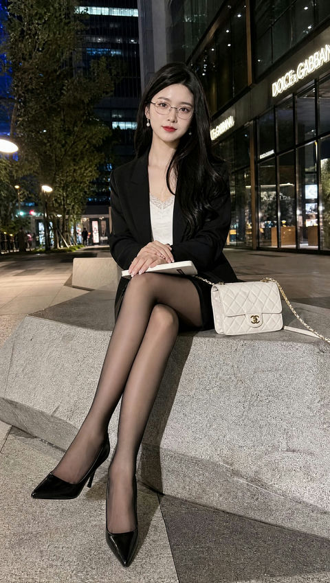 夜晚城市广场上的优雅东亚女性 - AI图片提示词示例