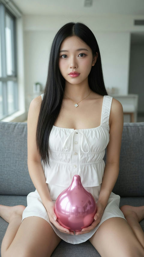 现代公寓沙发上的白衣东亚年轻女性 - AI图片提示词示例