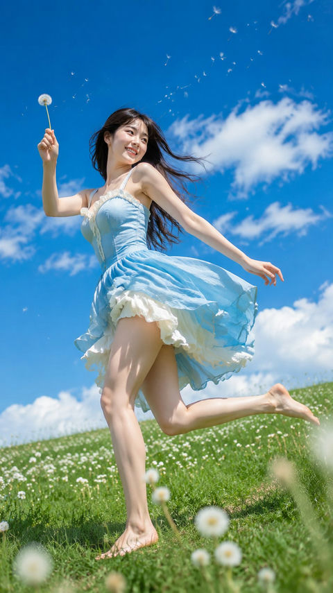 绿地奔跑的夏日东亚女性人像 - AI图片提示词示例
