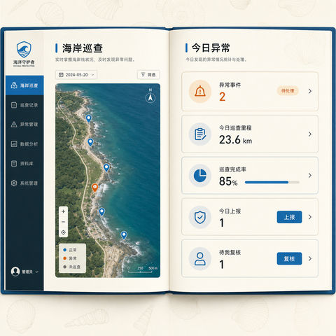 海洋保护企业级后台纸本纪实风格界面设计 - AI图片提示词示例