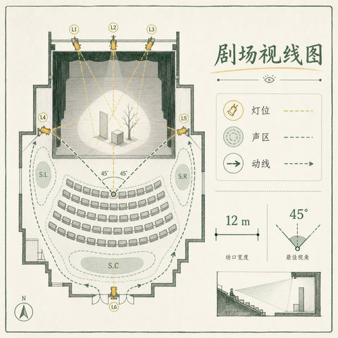 实验剧场视线分析与灯位信息图表设计 - AI图片提示词示例