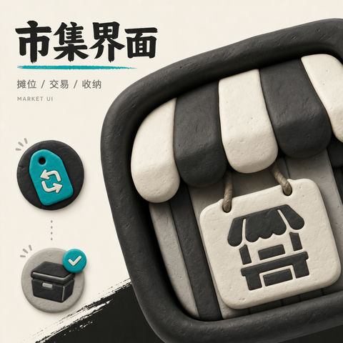 极简软陶风格乡村市集游戏UI资产板 - AI图片提示词示例