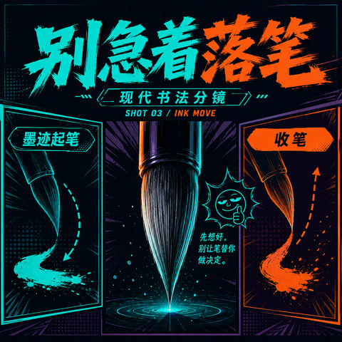 霓虹现代书法三段式分镜动态视觉设计 - AI图片提示词示例