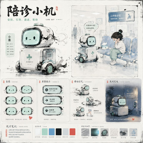治愈系水墨陪诊机器人动画视觉开发设定图 - AI图片提示词示例