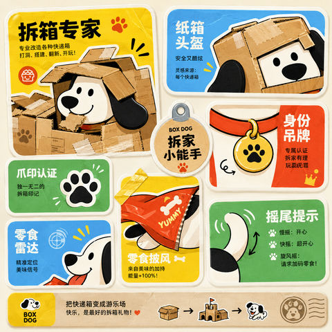 纸箱探险家宠物品牌视觉延展图 - AI图片提示词示例