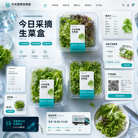 未来实验室风格生鲜电商首页首屏设计 - AI图片提示词示例