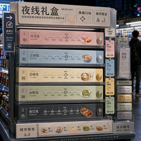 城市地铁换乘主题低饱和粉彩礼盒货架陈列 - AI图片提示词示例
