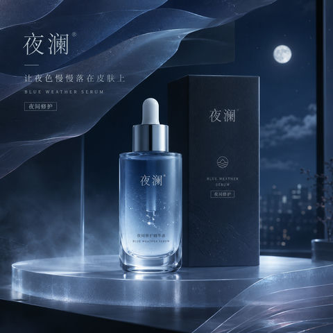 深夜护肤美学：蓝色天气降落品牌提案封面 - AI图片提示词示例