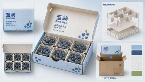 蓝屿精品蓝莓六杯装包装设计提案板 - AI图片提示词示例