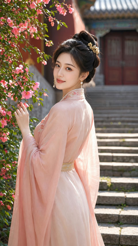 唐风华韵：海棠花阶下的明艳贵女 - AI图片提示词示例