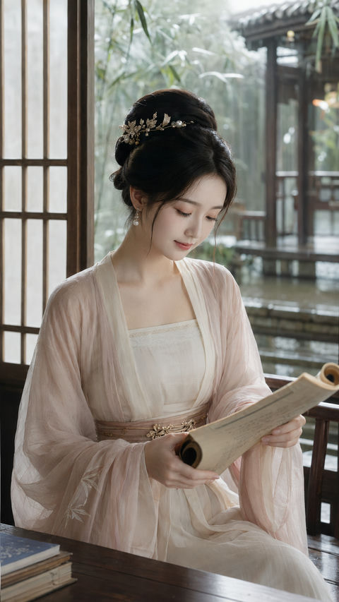 烟雨竹影后的唐风名门才女写真 - AI图片提示词示例