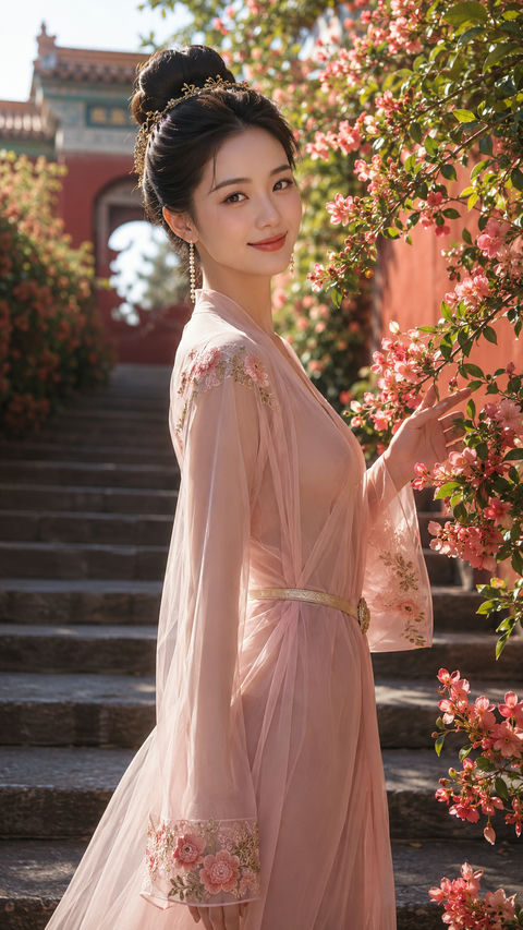唐风幻想春日贵女：海棠花下的明艳回眸 - AI图片提示词示例