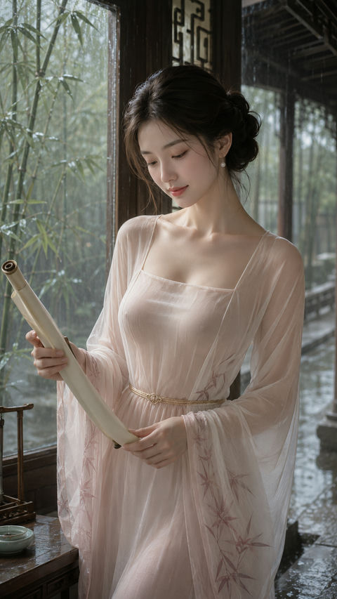 烟雨竹影书卷香：唐风世家才女写真 - AI图片提示词示例