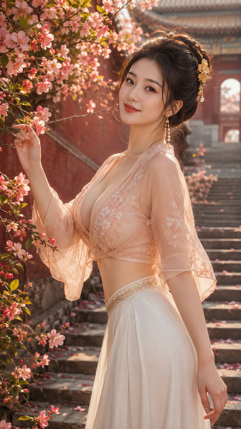 盛唐春日海棠花间明艳仕女图 - AI图片提示词示例