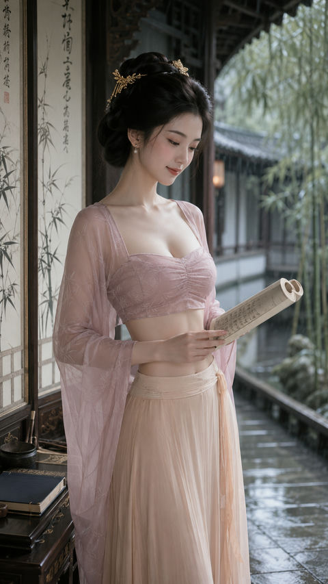 雨后竹影映红袖：唐风才女书卷写真 - AI图片提示词示例