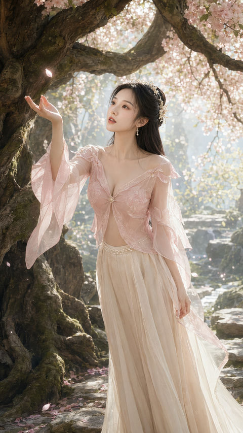 盛唐花灵：古树下的粉黛透罗裙贵女写真 - AI图片提示词示例